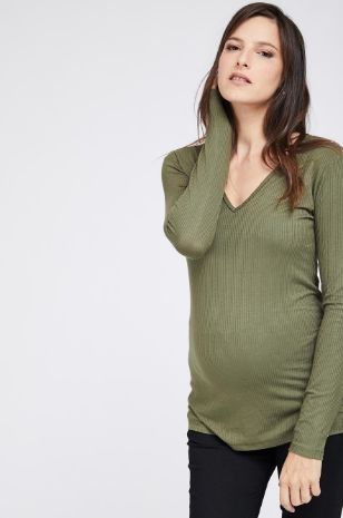 תמונה של חולצת הריון V ריב ש.ארוך ירוק זית