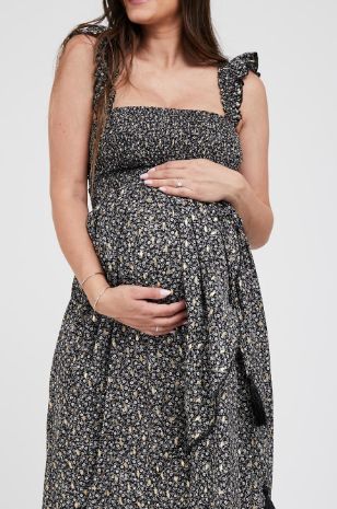 תמונה של שמלת סטרפלס להריון קאיה הדפס שחור זהב