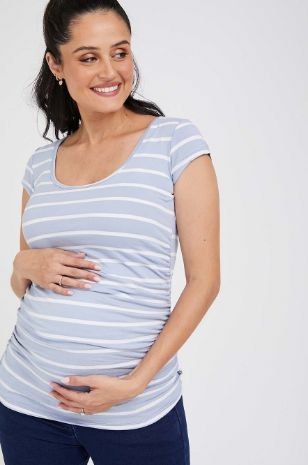 תמונה של חולצת הריון Baby Grow ש.קצר פסים תכלת לבן
