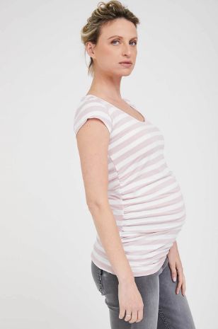 תמונה של חולצת הריון Baby Grow ש.קצר פסים ורוד לבן