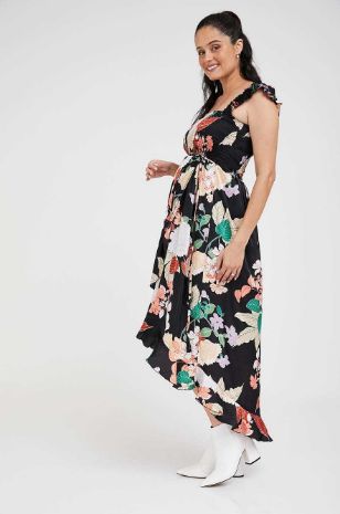 תמונה של שמלת אלינה להריון שחור צבעוני פרחוני