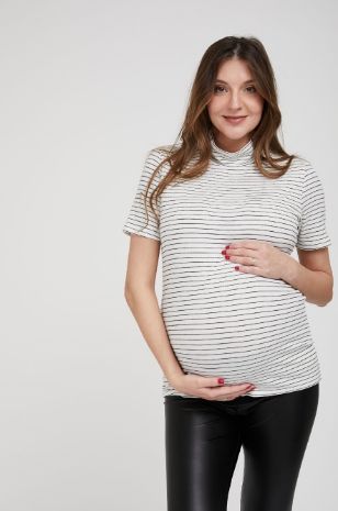 תמונה של חולצת גולף להריון ש.קצר שחור פס לבן
