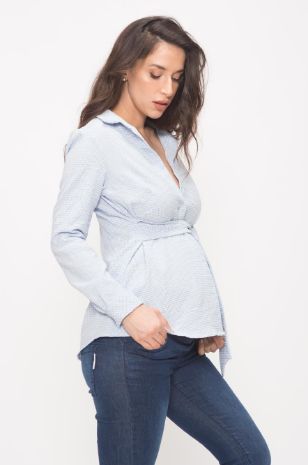 תמונה של חולצת לינדוס להריון תכלת משבצות