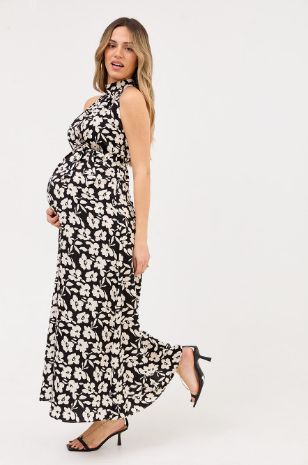אישה לובשת שמלת הריון קרול הדפס שמנת ושחור
