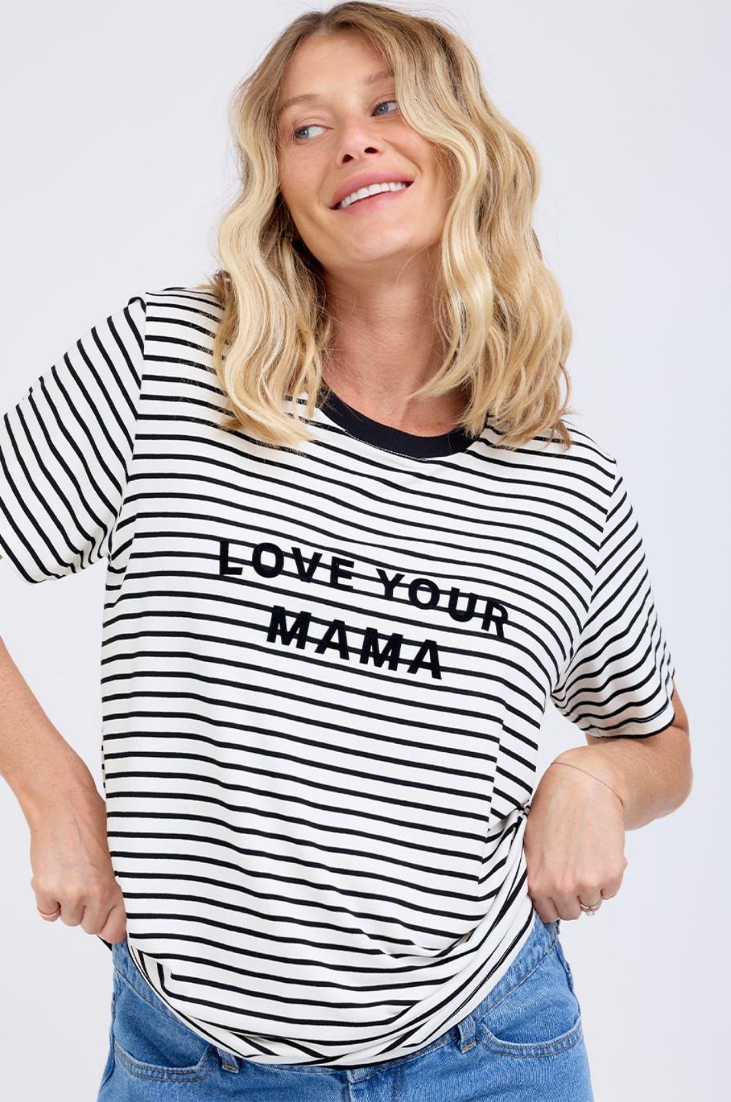 טי שירט הריון LOVE YOU MAMA שמנת פס שחור