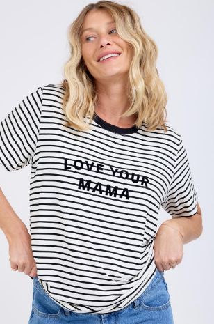 טי שירט הריון LOVE YOU MAMA שמנת פס שחור