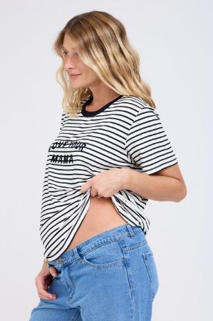 טי שירט הריון LOVE YOU MAMA שמנת פס שחור