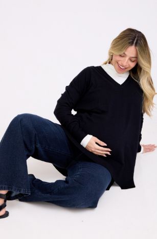 סריג להריון אוברסייז מפתח V שחור