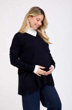 סריג להריון אוברסייז מפתח V שחור