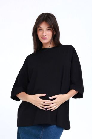 טי שירט הריון אוברסייז ורדה שחור