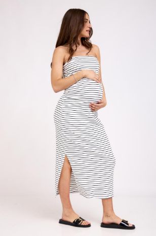 שמלת סטרפלס להריון פסים שמנת פס שחור של אבישג ארבל