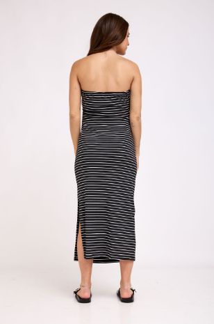 שמלת סטרפלס להריון פסים שחור פס לבן