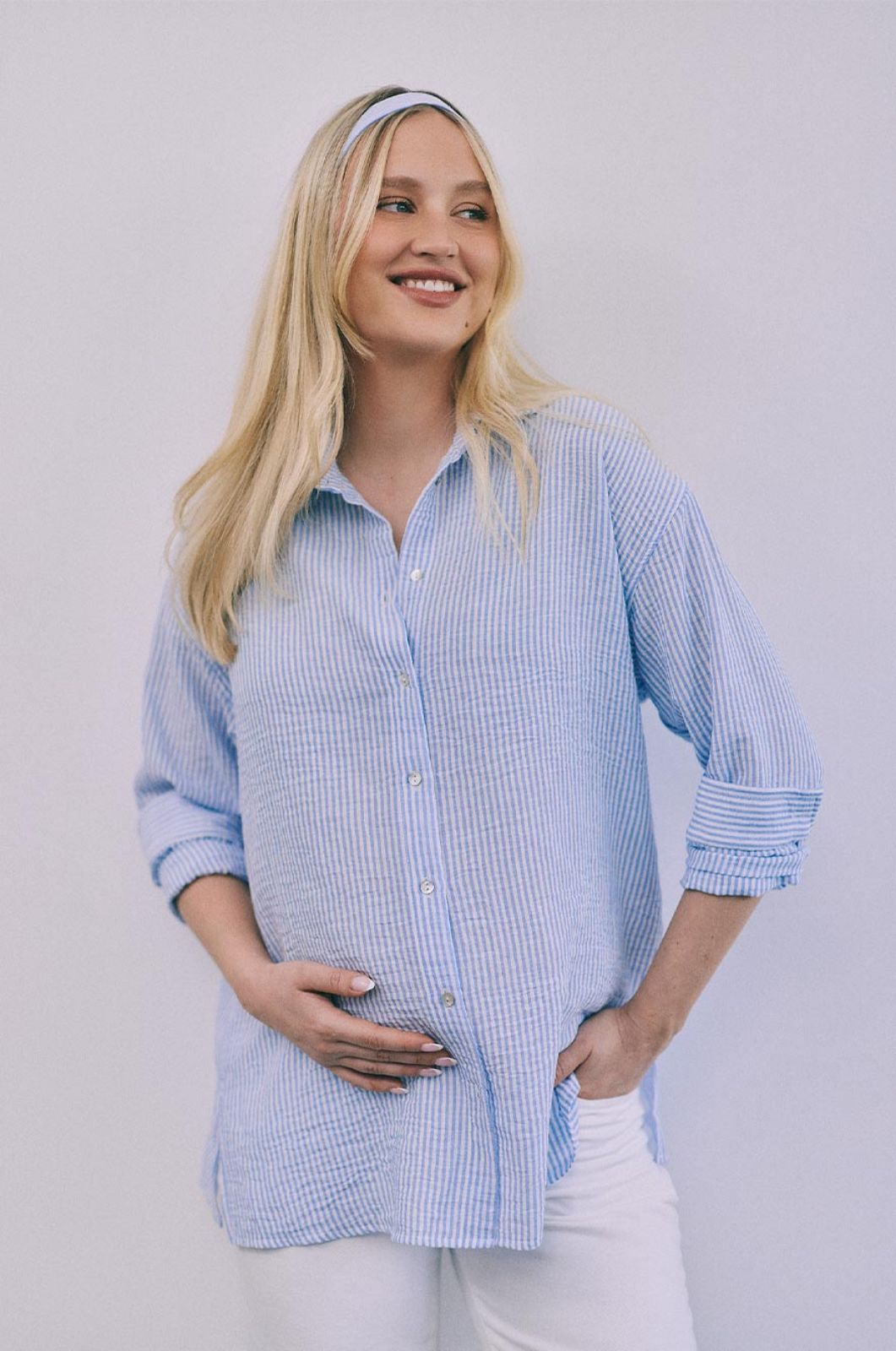 חולצת הריון אלמה שמנת פס תכלת