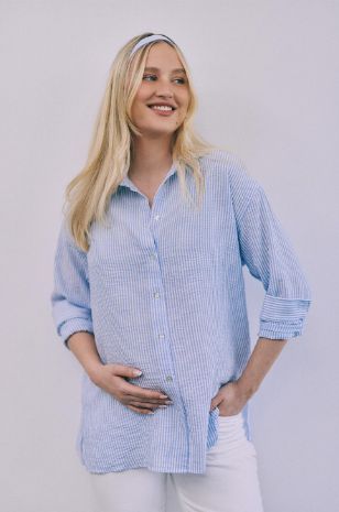 חולצת הריון אלמה שמנת פס תכלת