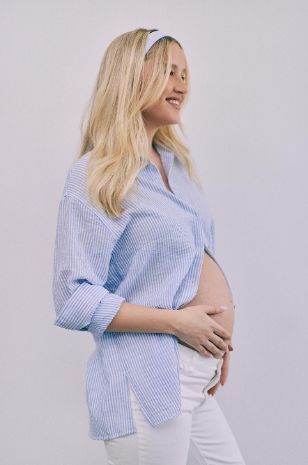 חולצת הריון אלמה שמנת פס תכלת