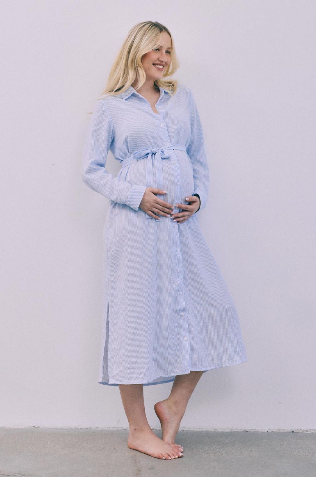 שמלת חולצה להריון אלינור פסים תכלת