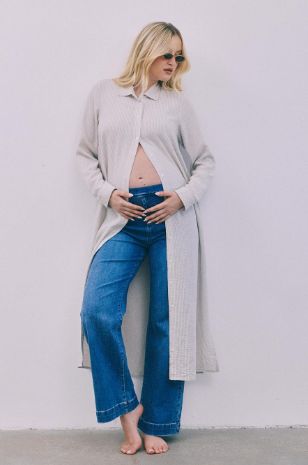 שמלת עליונית להריון מקסי פסים בז' אבישג ארבל