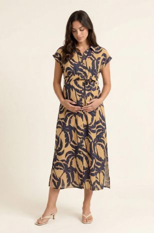 שמלת הריון מקסי הדפס עלים כחול אבישג ארבל